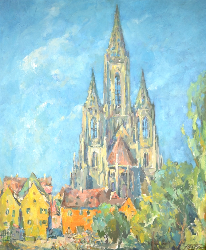 Eberhard Adolf "Pan" Pfeiffer (1902-1973, Ulm) - Ulm Cathedral from the east.