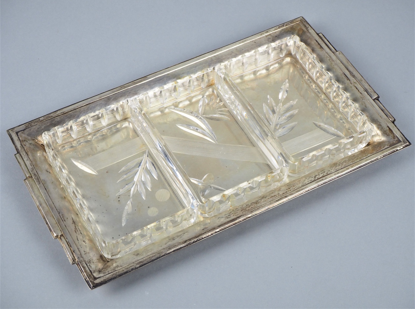 Art Deco silver plateau with three glass inserts around 1925