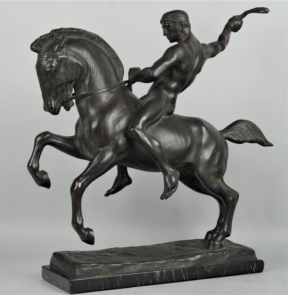 Heroic bronze of a warrior on the back of a galloping horse by Berthold Stölzer 1930s. - Image 3 of 6