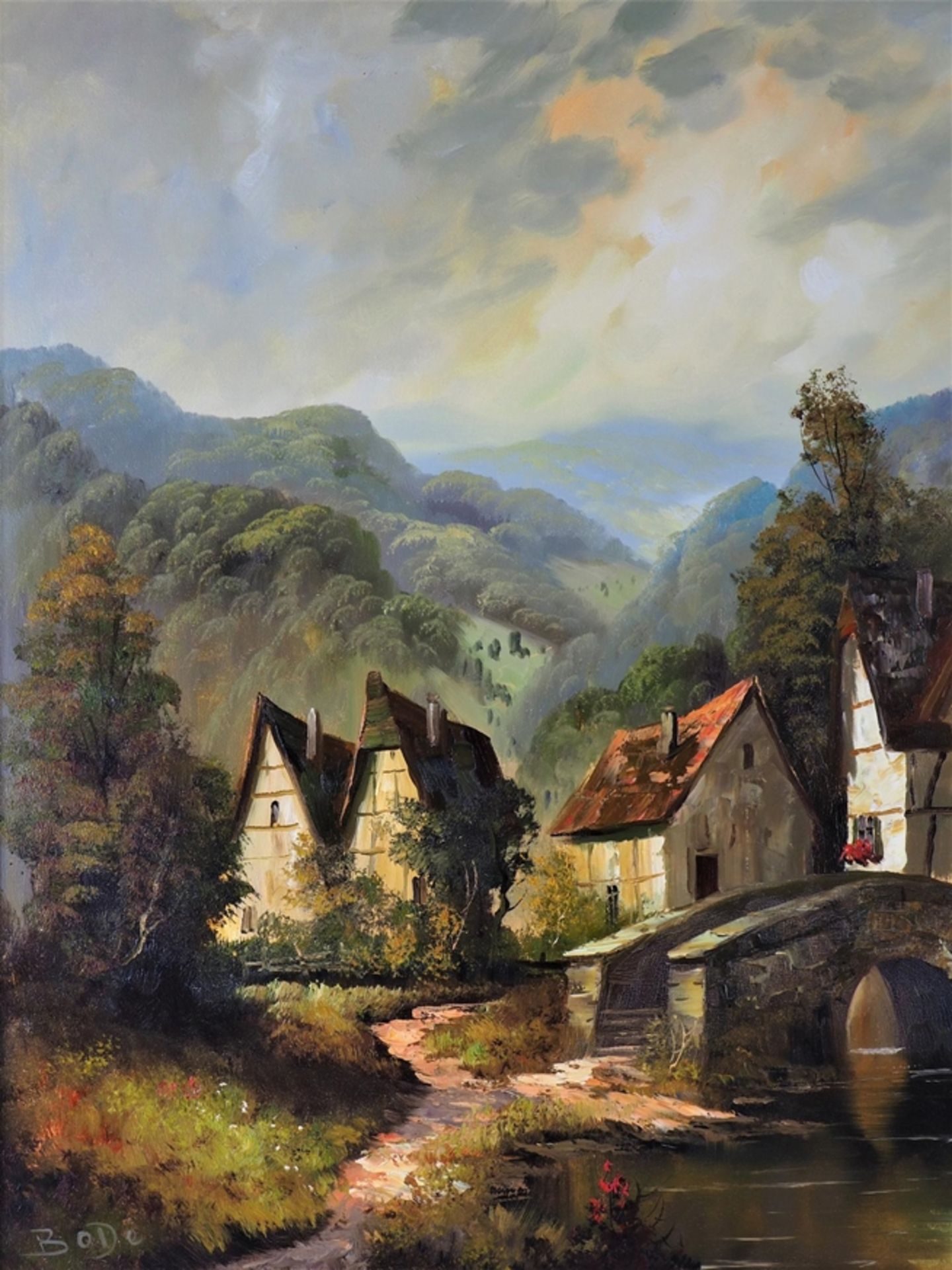 Großes Gemälde, romantische Landschaft mit Fachwerkhäusern - sign. "Bode" - Bild 2 aus 5
