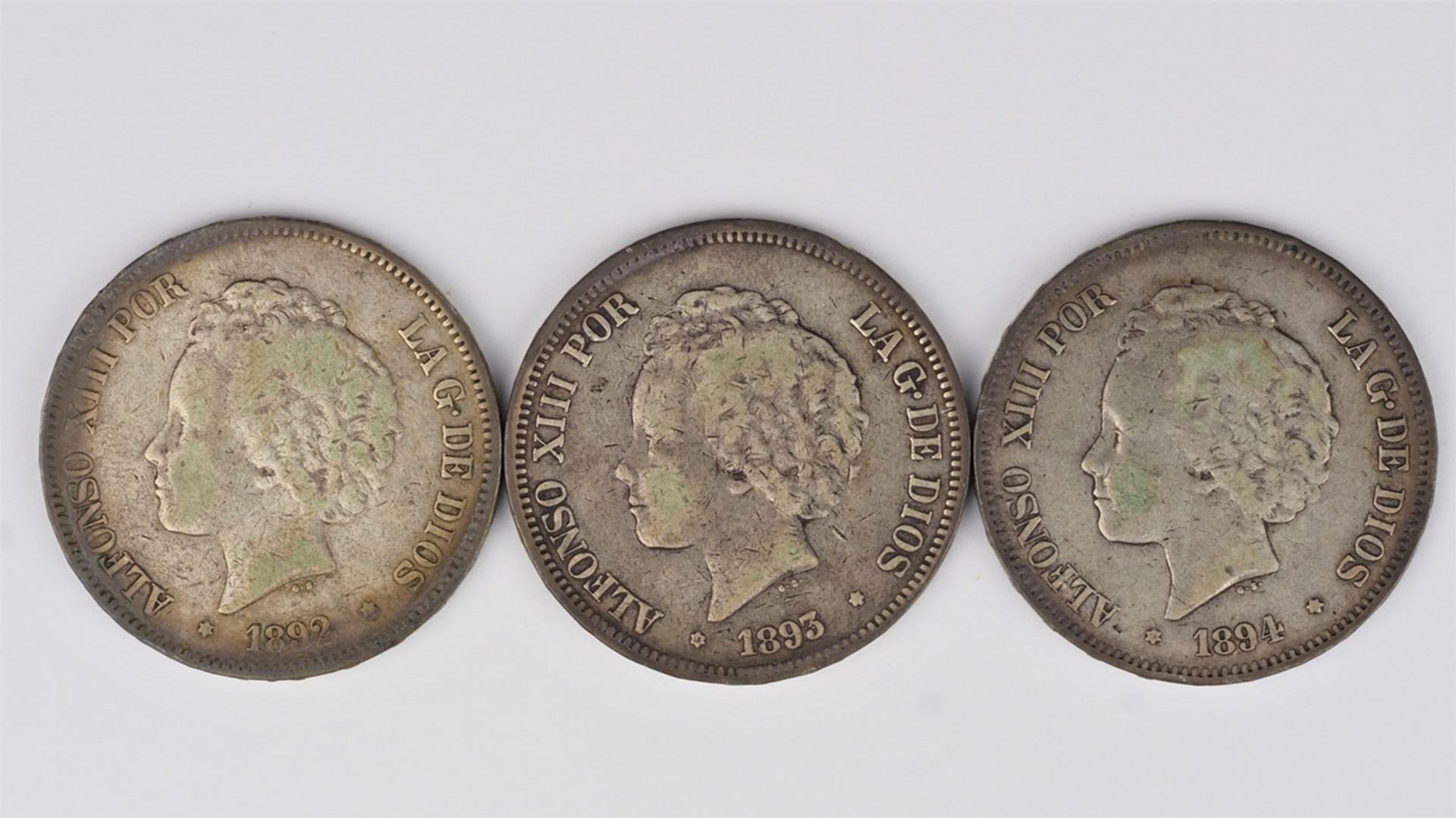 3 Silber Münzen, 5 Pesetas Alfonso XIII, 1892-94 - Bild 4 aus 6