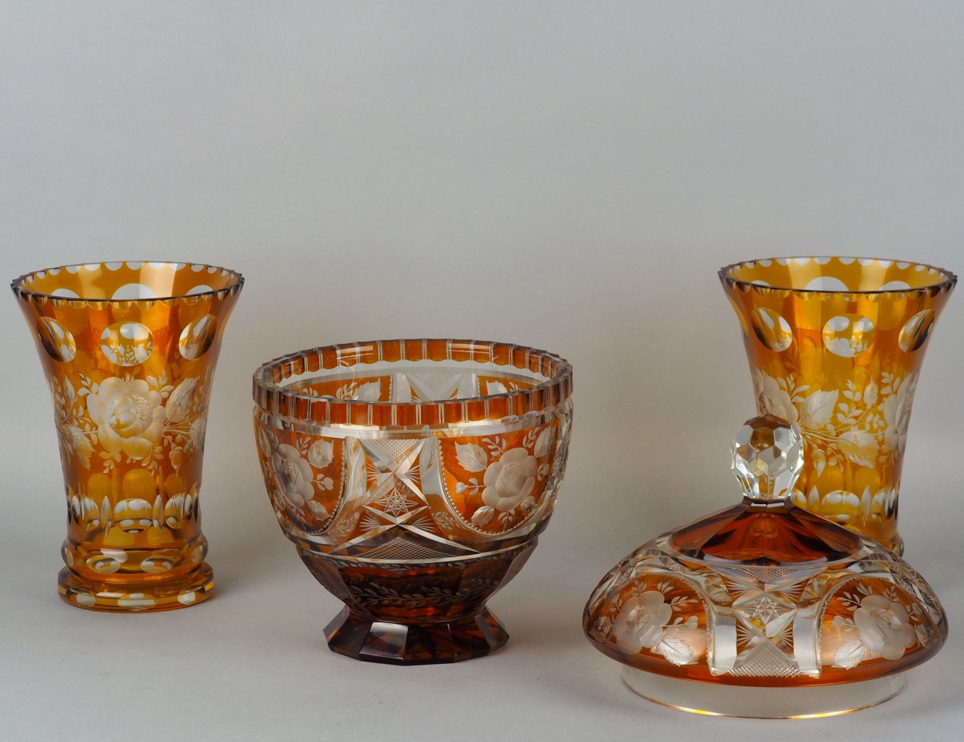 Two vases and one confectionary bowl with lid made of glass, Bohemia, mid-20th century.  - Image 2 of 2
