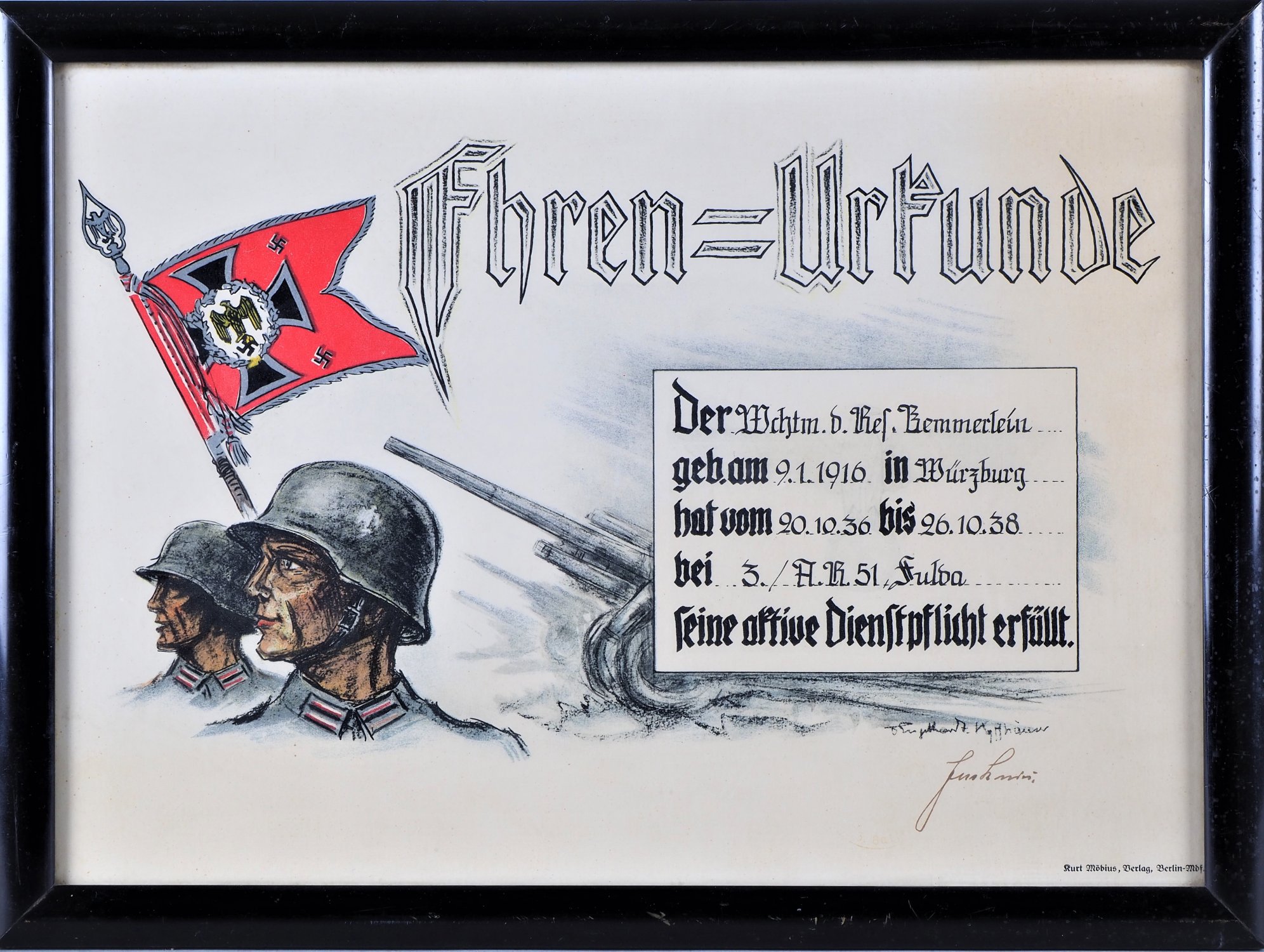 Third Reich: Honorary Certificate of Service Artillery Wehrmacht, 1938