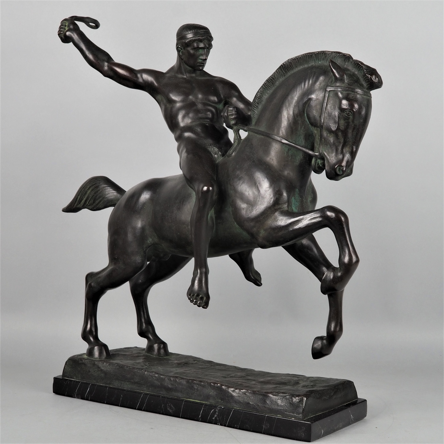 Heroic bronze of a warrior on the back of a galloping horse by Berthold Stölzer 1930s.