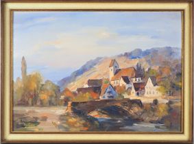 Julius Kibiger (1903, Feldberg - 1983, Müllheim) - Landschaft mit Dorf