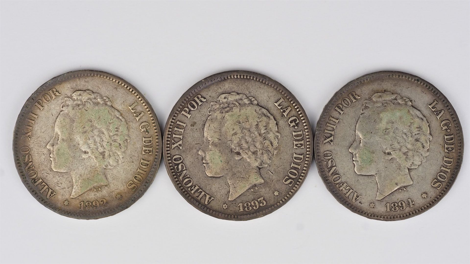 3 Silber Münzen, 5 Pesetas Alfonso XIII, 1892-94