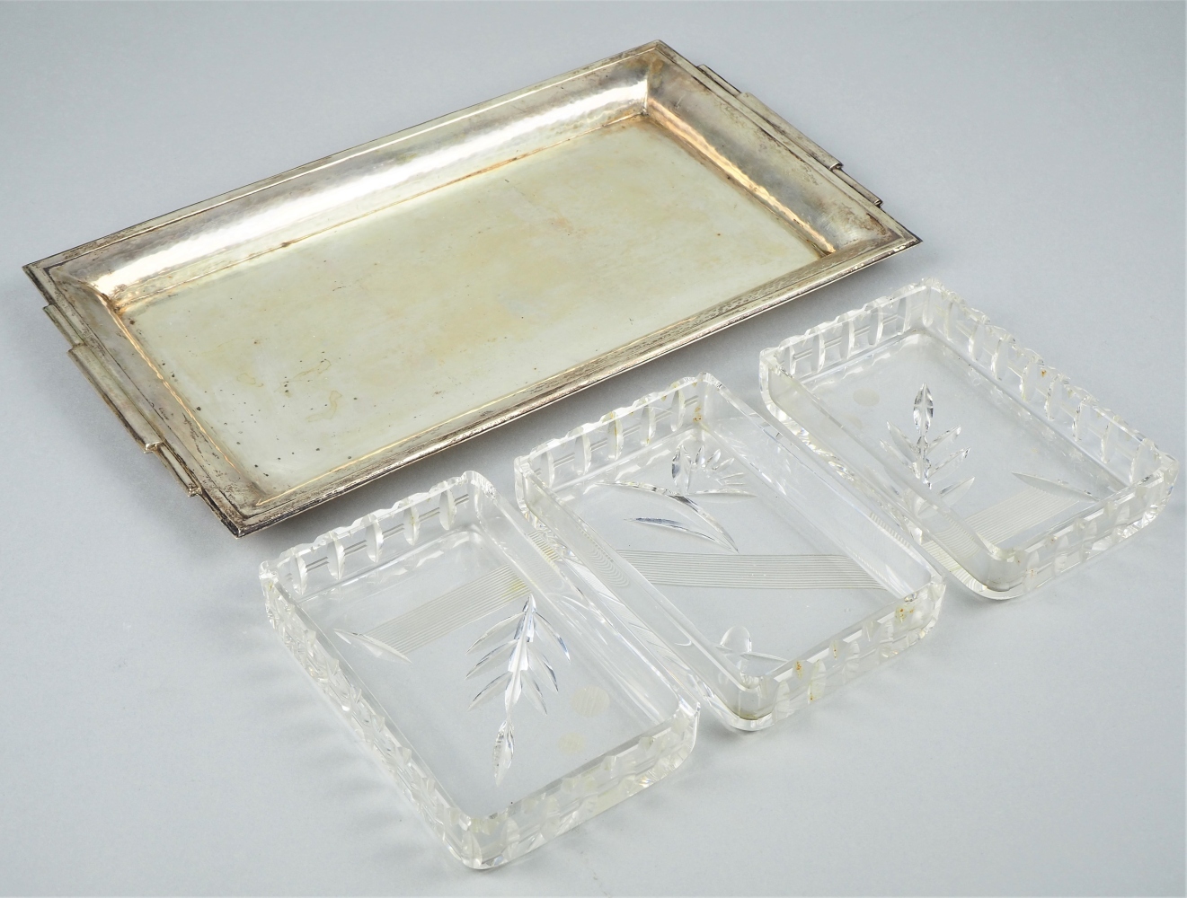 Art Deco silver plateau with three glass inserts around 1925 - Image 3 of 4