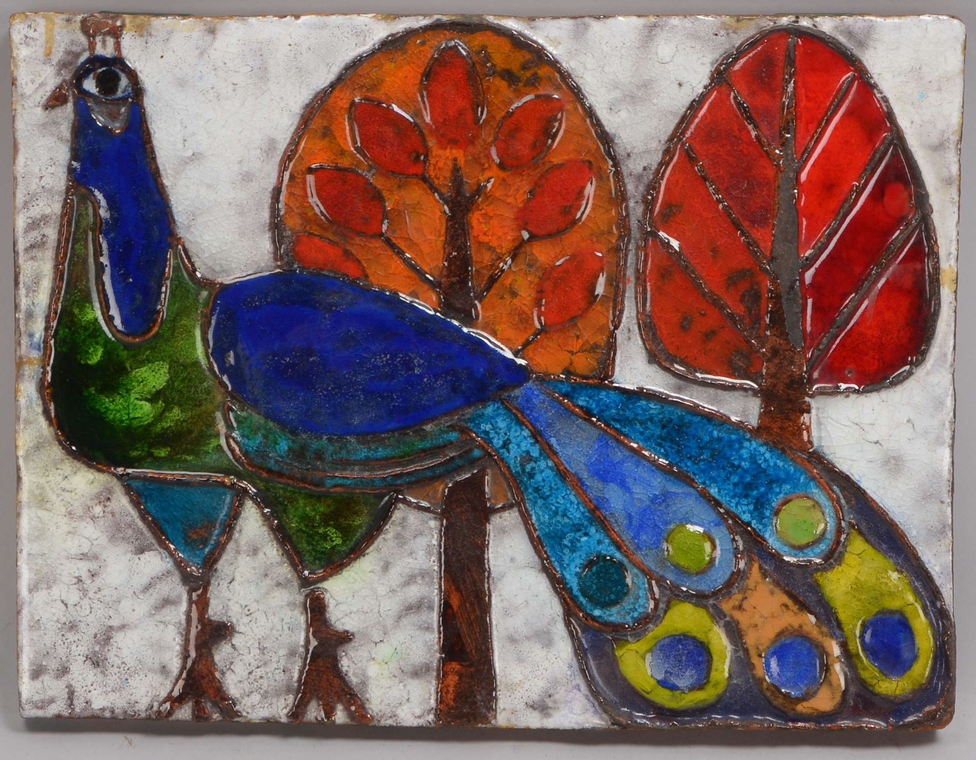 Weichberger, Heide (1922 - 1980, Worpswede), Künstlerkeramik/Bildplatte, 'Pfau', mit polychromer Gla