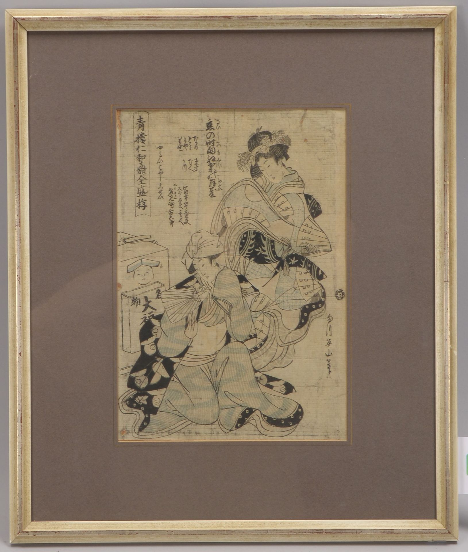 Antiker Holzschnitt  (Japan), 'Darstellung zweier Geishas', koloriert; Maße ca. 32 x 22 cm 