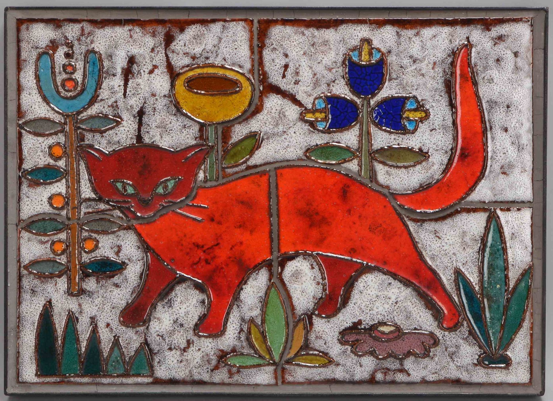 Weichberger, Heide (1922 - 1980, Worpswede), Künstlerkeramik/Bildplatte, 'Rote Katze', mit polychrom