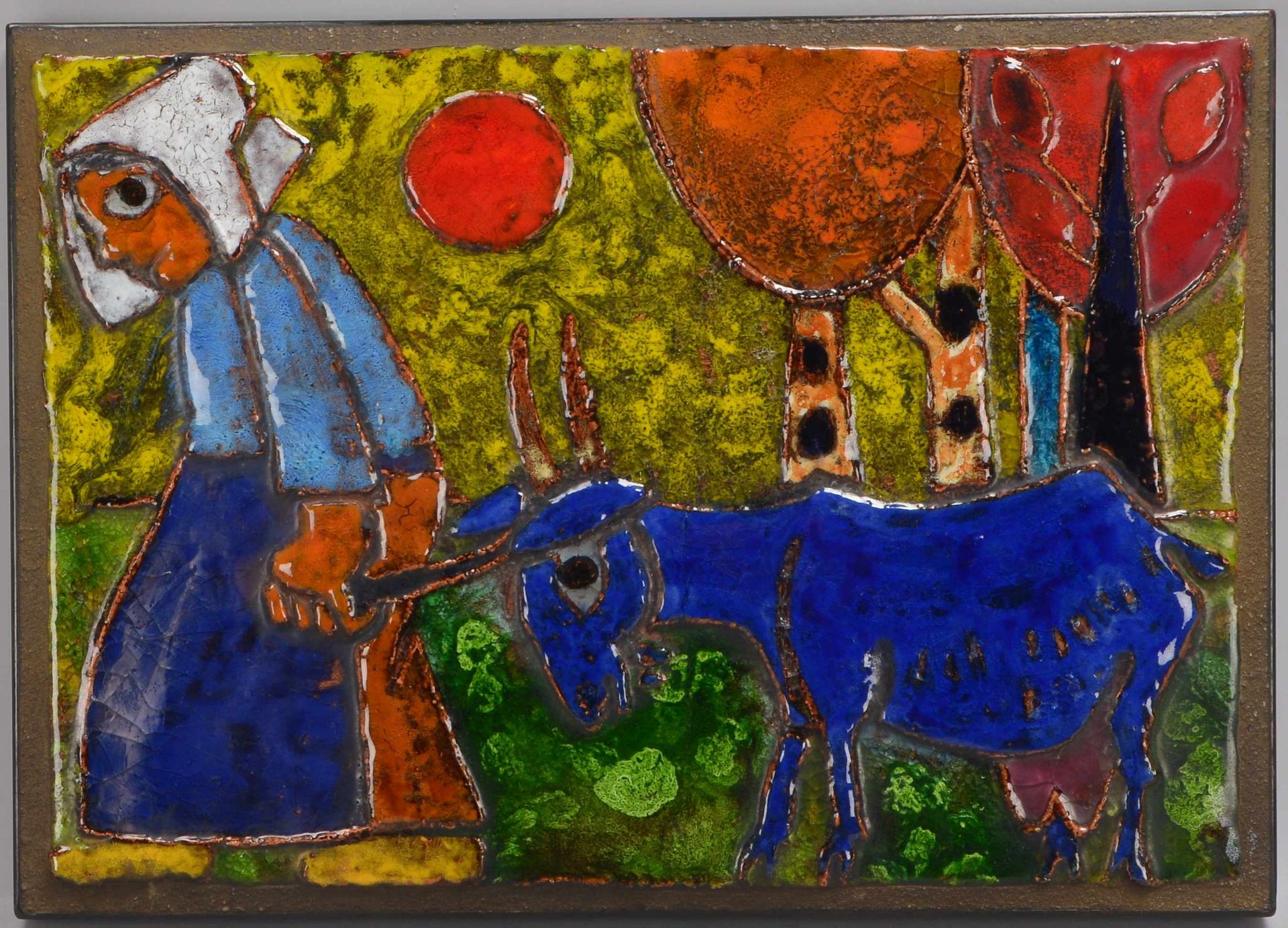 Weichberger, Heide (1922 - 1980, Worpswede), Künstlerkeramik/Bildplatte, 'Bäuerin mit blauer Ziege',