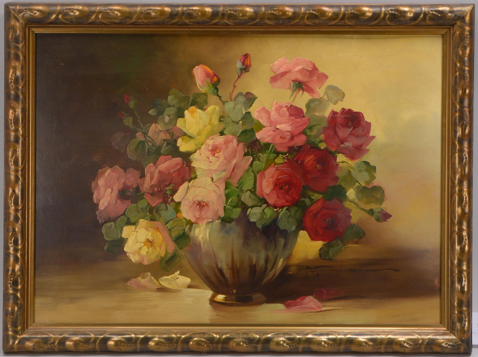 Gemälde, 'Rosen in Vase', Öl auf Malkarton, unten rechts (nicht eindeutig leserlich) signiert; Bildm