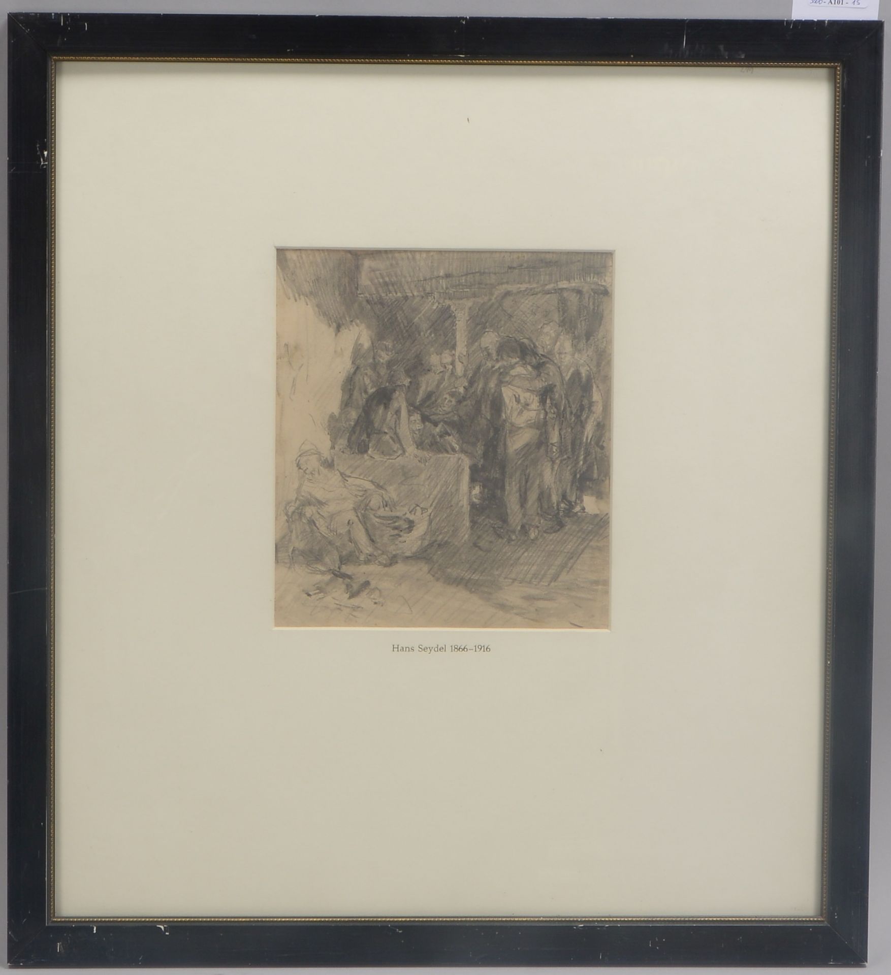 Seydel, Hans (1866 - 1916), 'Kammer mit Personen', Bleistiftzeichnung, unter Passepartout hinter Gla