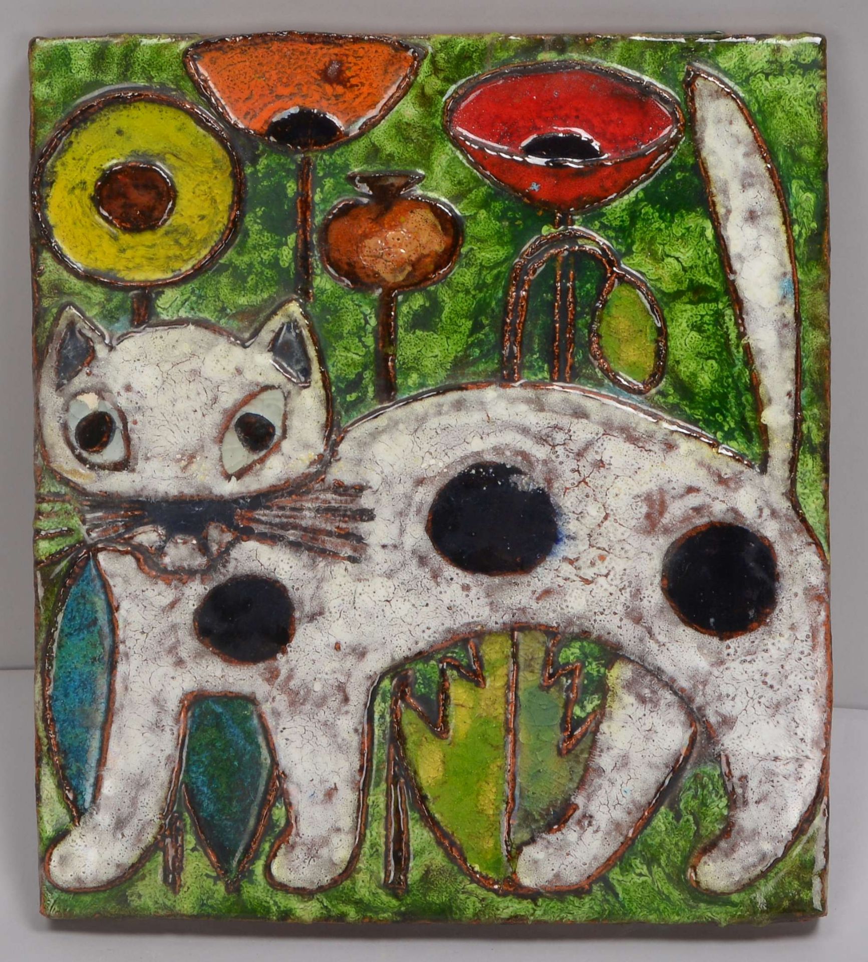 Weichberger, Heide (1922 - 1980, Worpswede), Künstlerkeramik/Bildplatte, 'Weiße Katze', mit polychro