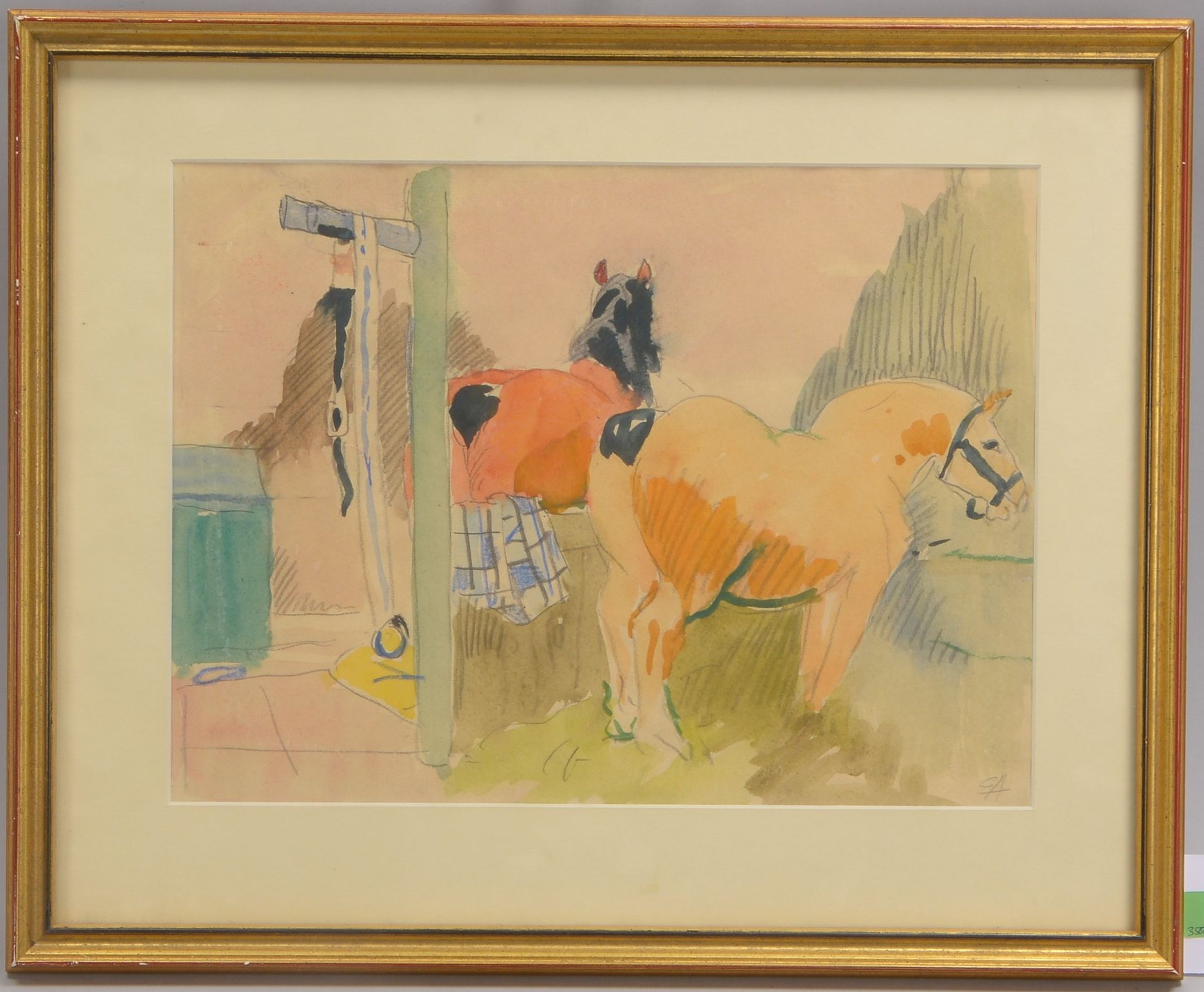 Aigner, Eduard (1903 - 1978), 'Pferde in der Box', Aquarell/Zeichnung, unten rechts monogrammiert, h