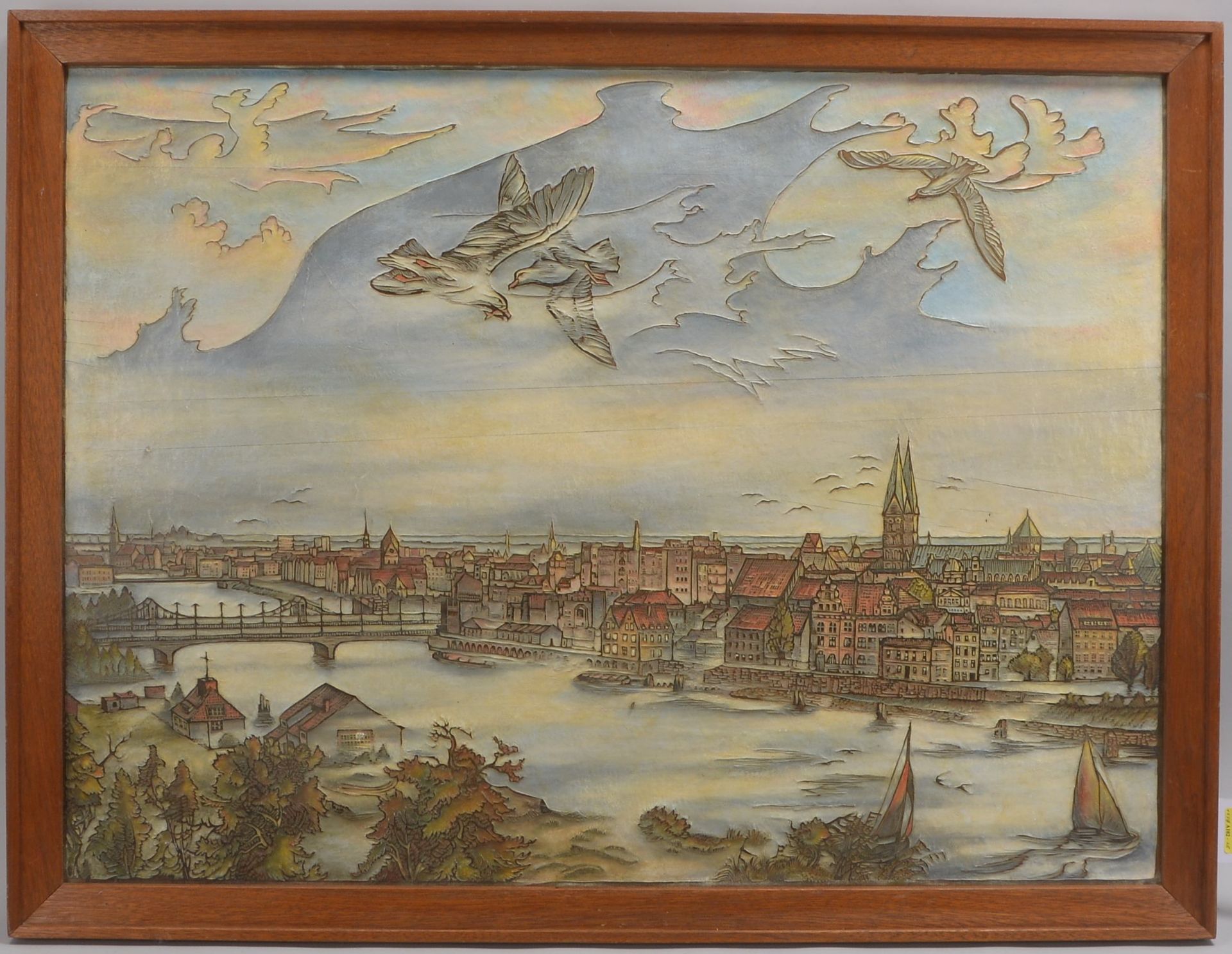 Schultz-Walbaum, Theodor (1892 - 1977), &#039;Panorama von Bremen&#039;, Malerei auf reliefierter Ho