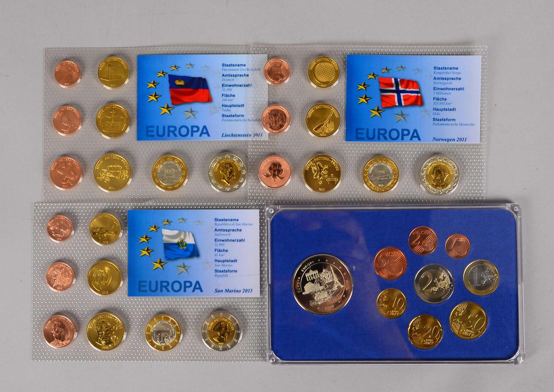 Sammler-Münzkonvolut: 4x EUR-Münzsätze/davon 3x 'Probe-Prägungen für EURO-Ausgaben' ('Norwegen', 'Sa