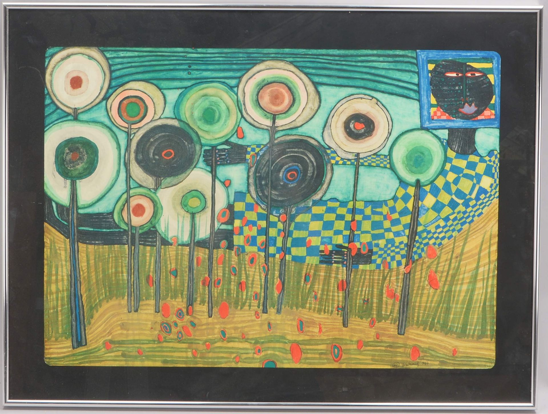 Hundertwasser, &#039;Liegende Schwarze im K&ouml;nigreich der Toro&#039;, Kunstdruck, hinter Glas ge