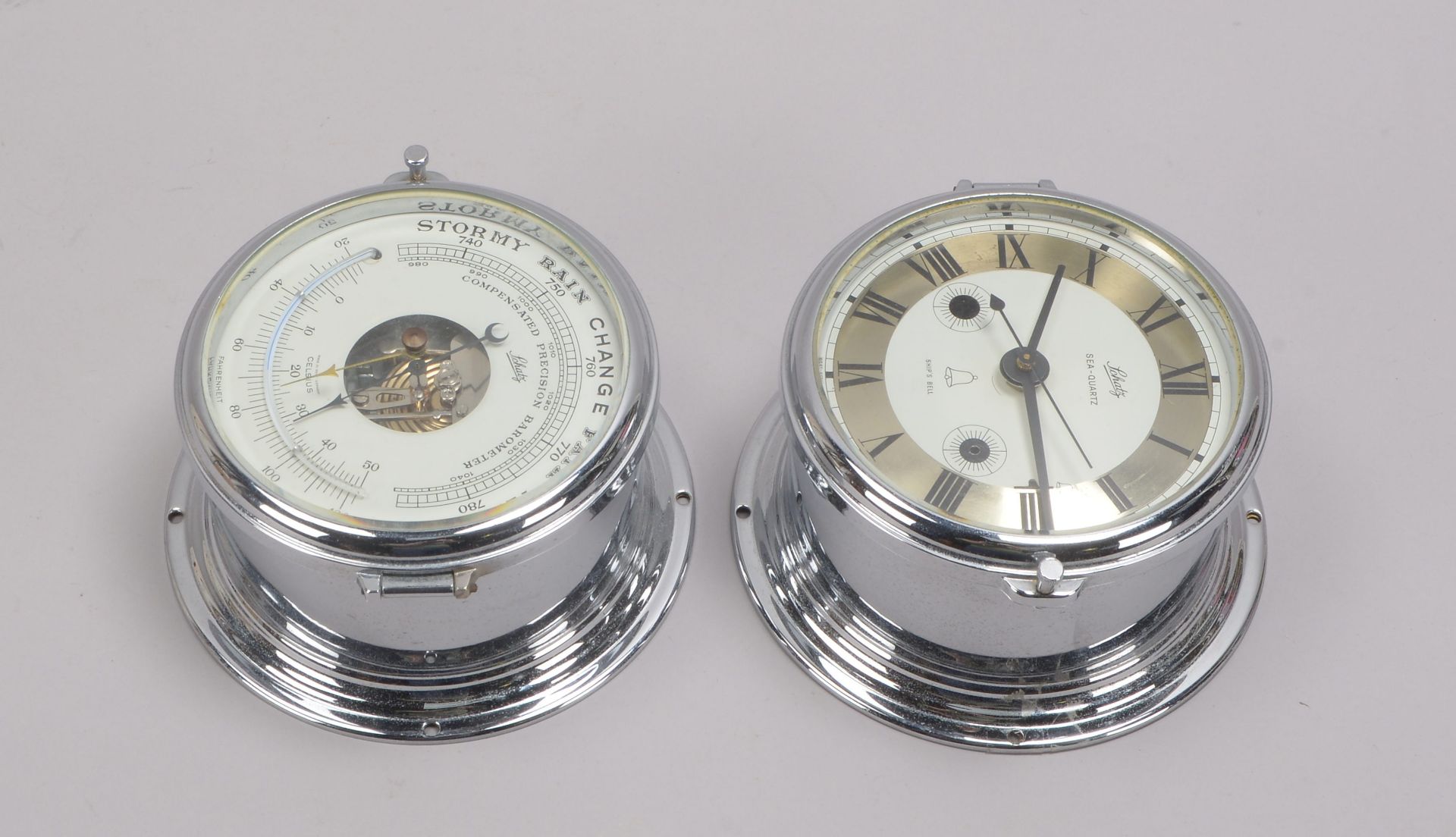 2 Marine-Instrumente, Schatz: 1x Schiffsuhr, Quarz, und 1x Schiffsbarometer, im verglasten Chromgeh&