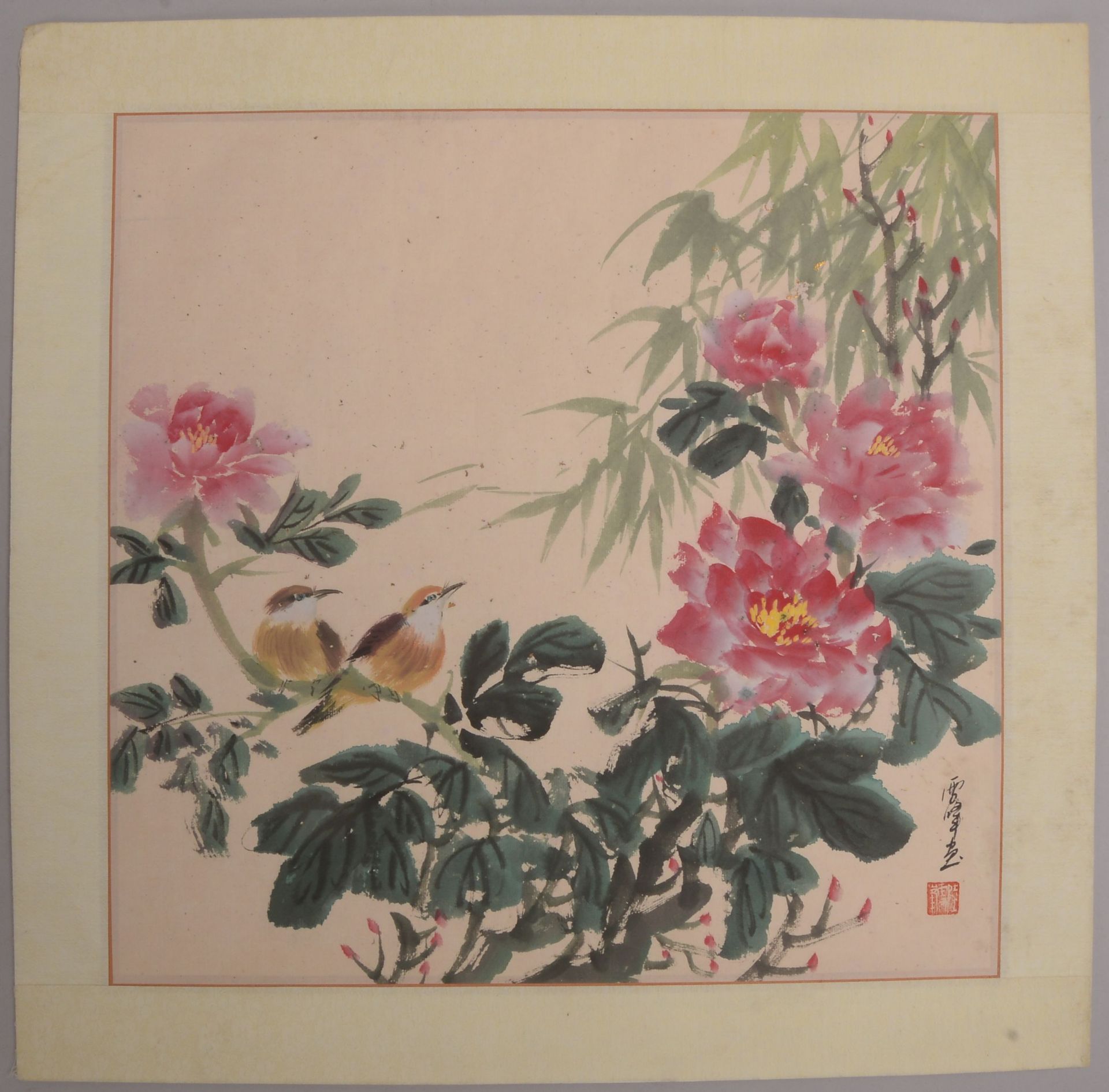 Gouache (China), &#039;V&ouml;gel im Rosenbusch&#039;, unten rechts mit kalligrafischer Signatur und