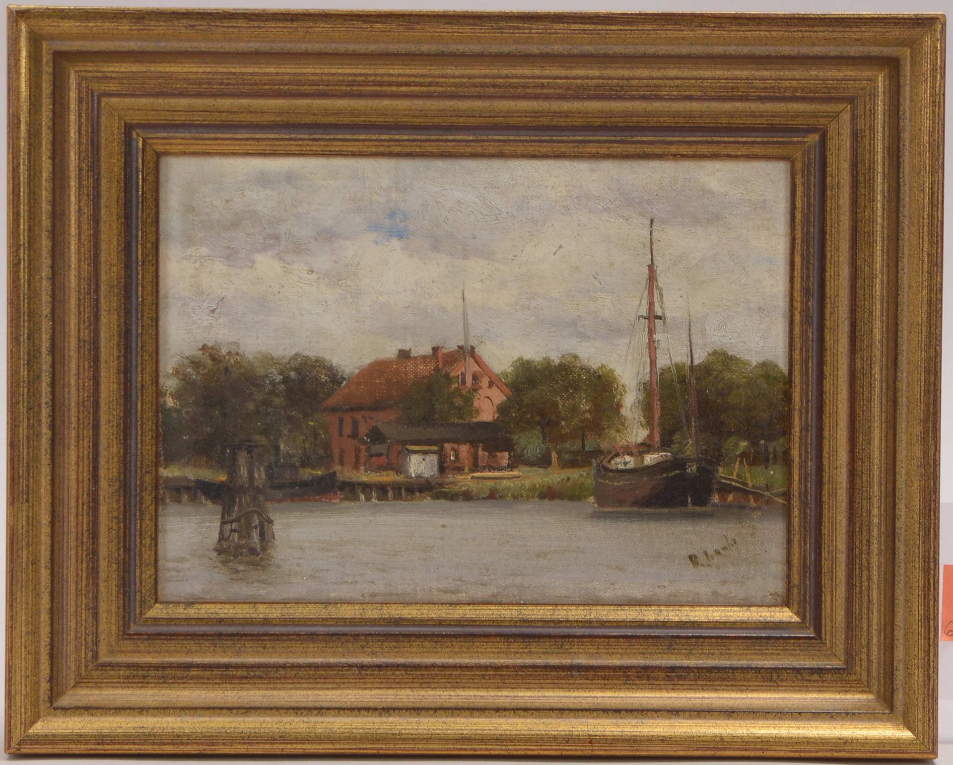 Gemälde (um 1900/1920), 'Ansicht von Swinemünde mit Booten am Fluss', Öl auf Leinwand/auf Holzplatte