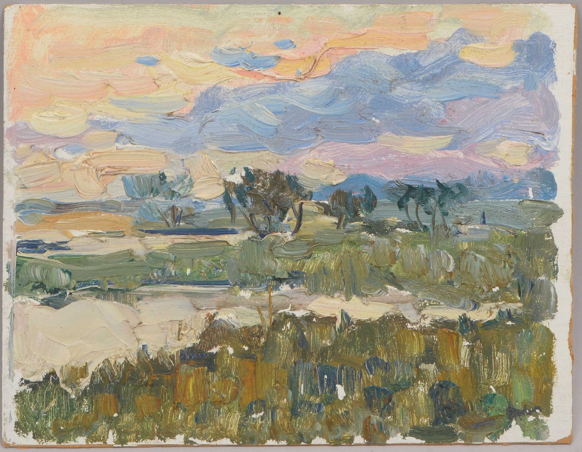 Drevin, Alexander (1889 - 1938) zugeschrieben, 'Sommerliche Abendlandschaft', Öl auf Malpappe, unten