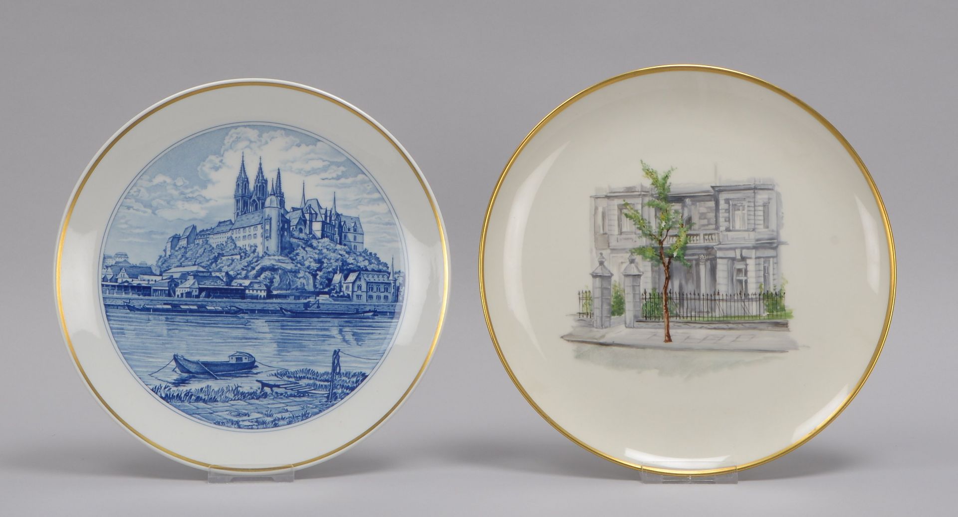 2 Porzellan-Ansichtenteller, verschiedene Manufakturen: 1x Meissen, Motiv &#039;Albrechtsburg&#039;,