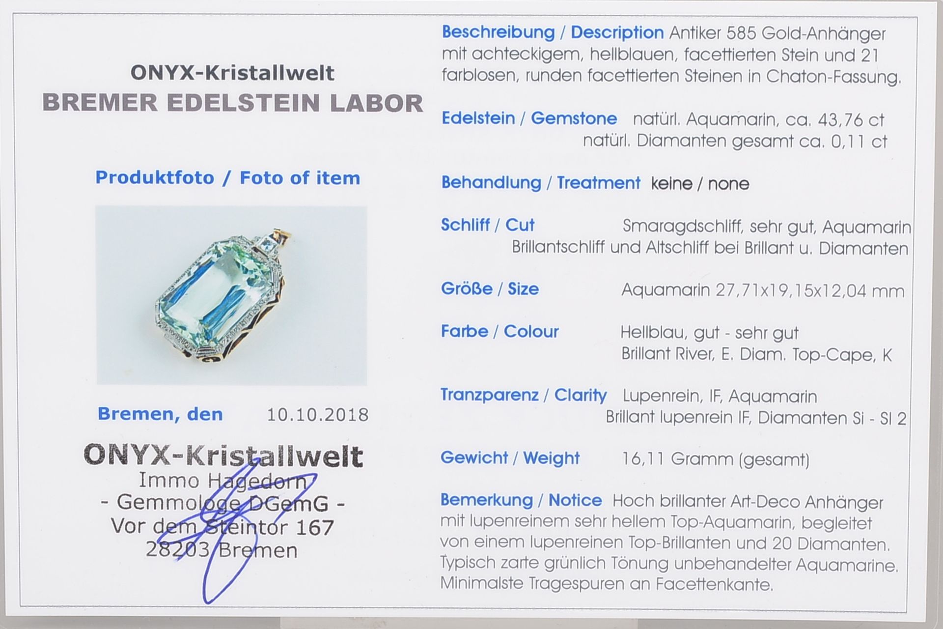 Art déco-Anhänger, antik, mit einem natürlichen Aquamarin von ca. 43,76 ct/lupenrein, Smaragdschliff - Bild 4 aus 5