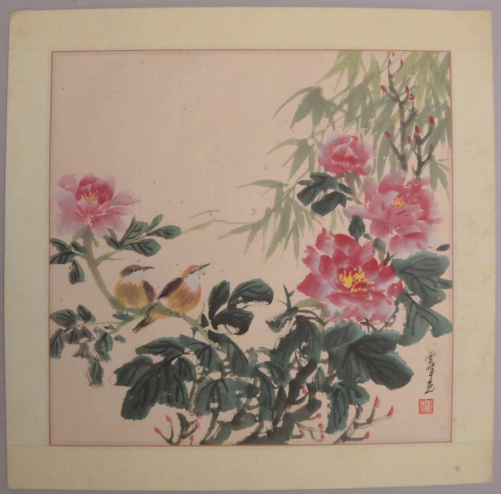 Gouache (China), &#039;V&ouml;gel im Rosenbusch&#039;, unten rechts mit kalligrafischer Signatur/Sig