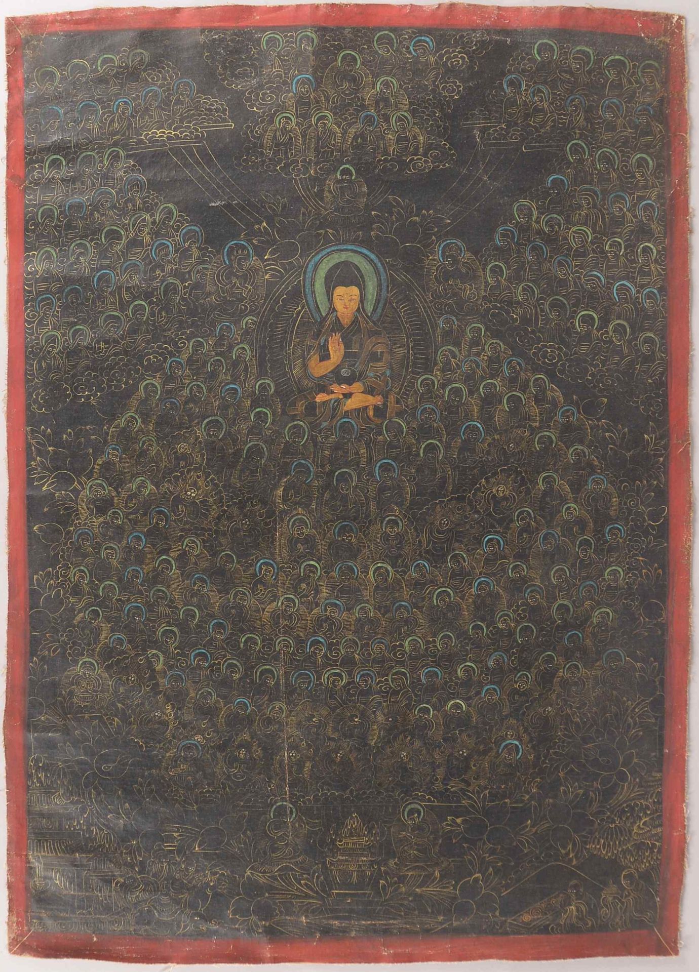 Thangka (Tibet), alt, Malerei auf Leinwand: &#039;Buddhafigur in Mudrahaltung&#039; als zentrale Dar