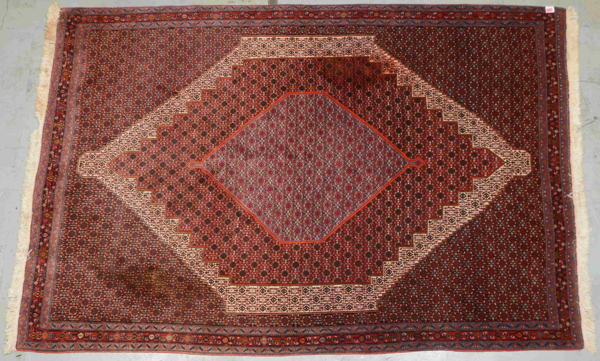 Senneh, feste Knüpfung, dichter hoher Flor; Maße 308 x 207 cm (mit 2x Fleckstellen)