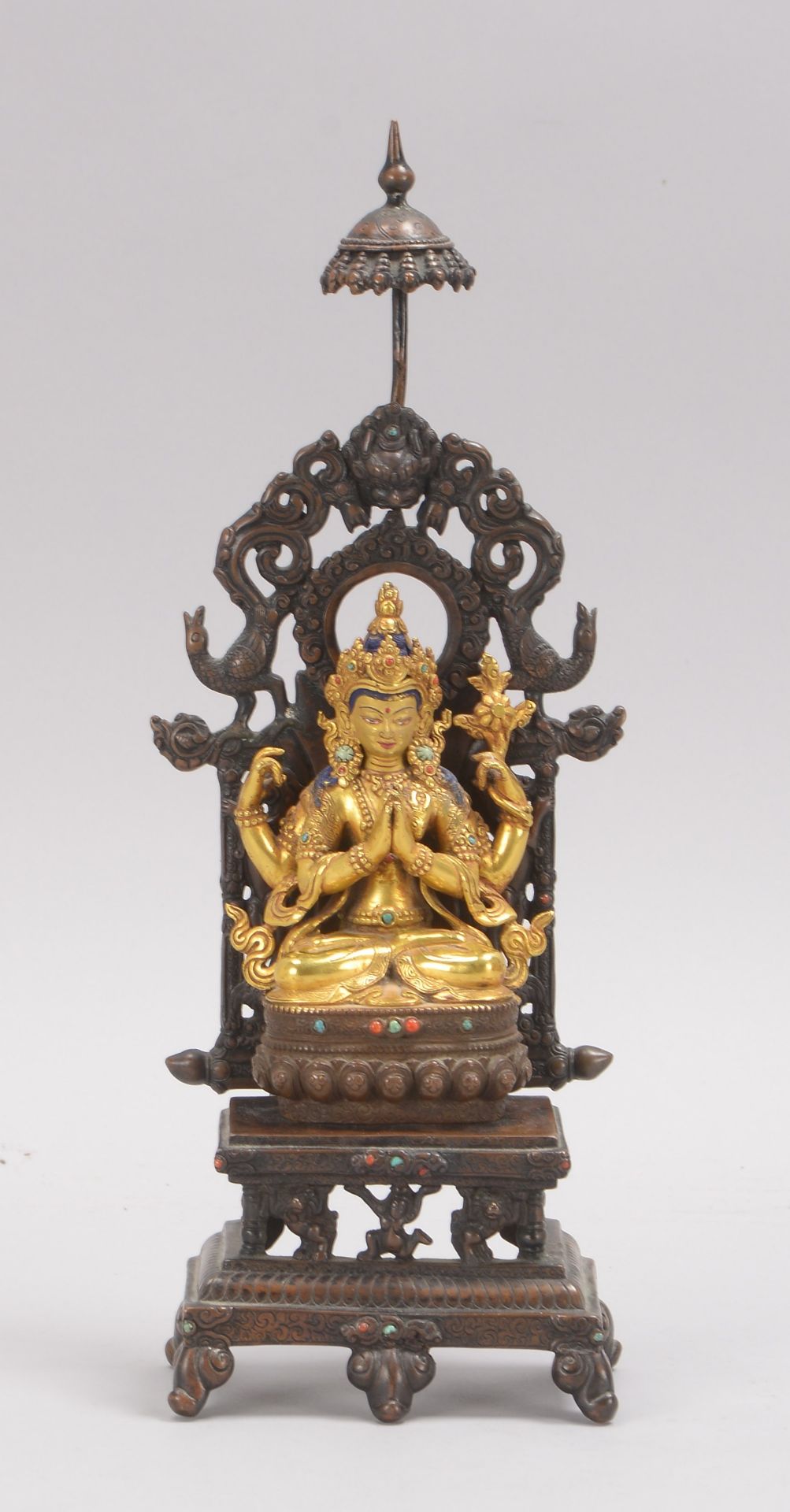 Antike Bronzefigur (Tibet), &#039;Tara-Buddha auf Thron&#039;, Bronze teilvergoldet, weibliche &#039