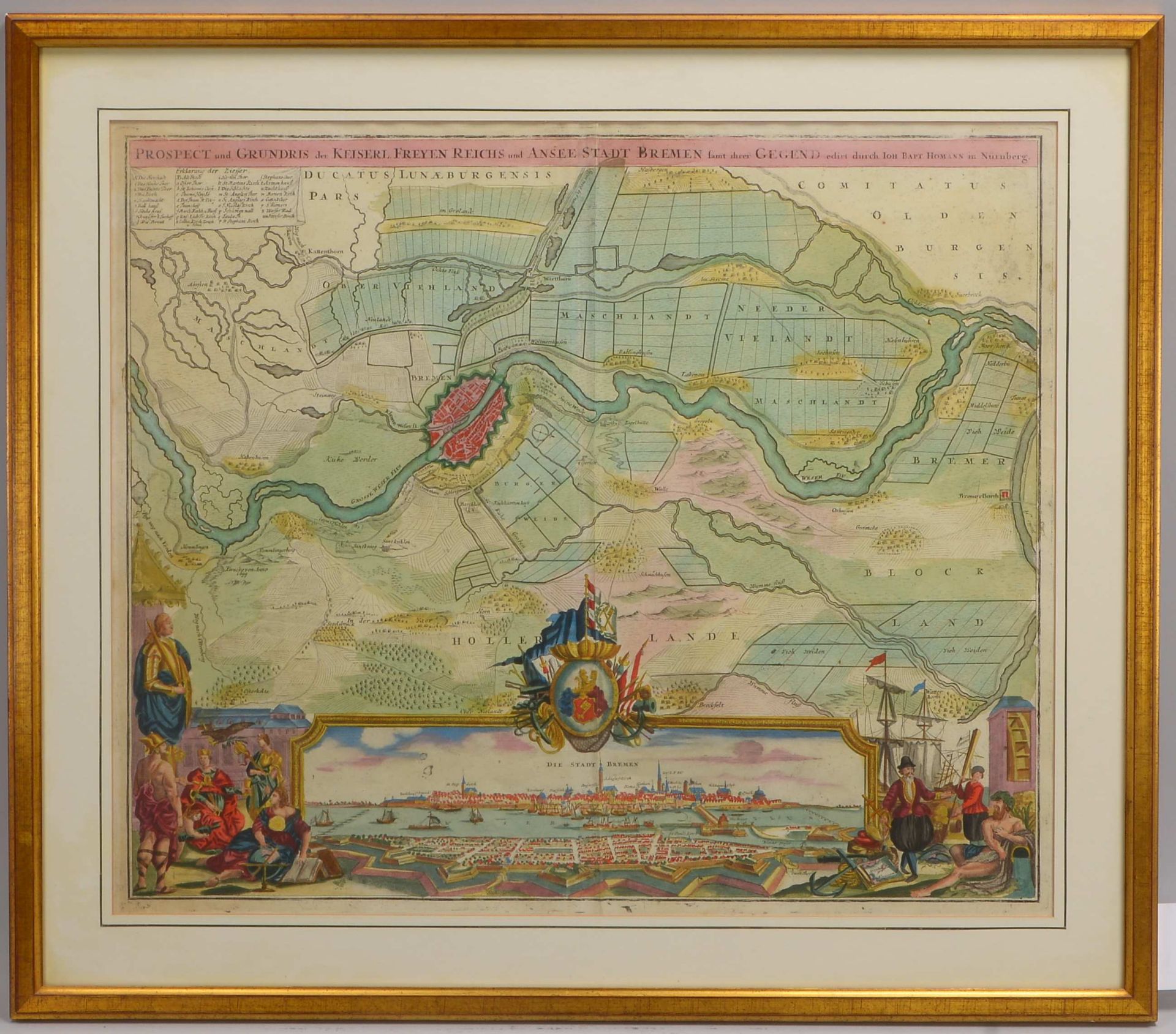 Alte Landkarte, 'Bremen und Umgebung' ('bey Johann Baptist Homann/Nürnberg'), Kupferstich koloriert
