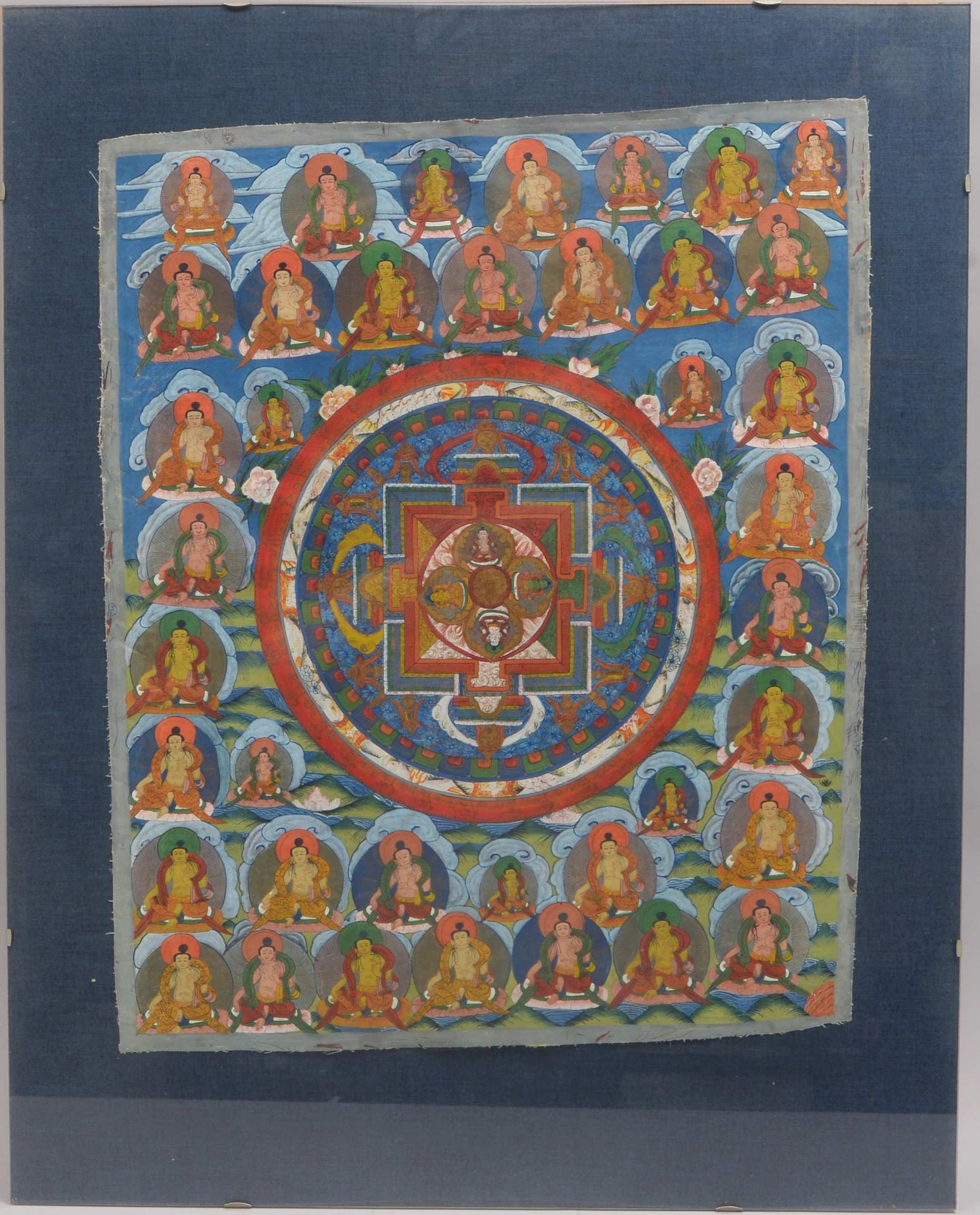 Buddhistischer Thangka, zentrales &#039;Bardo-Mandala&#039; umlaufend von 39-fachen &#039;Gottheiten