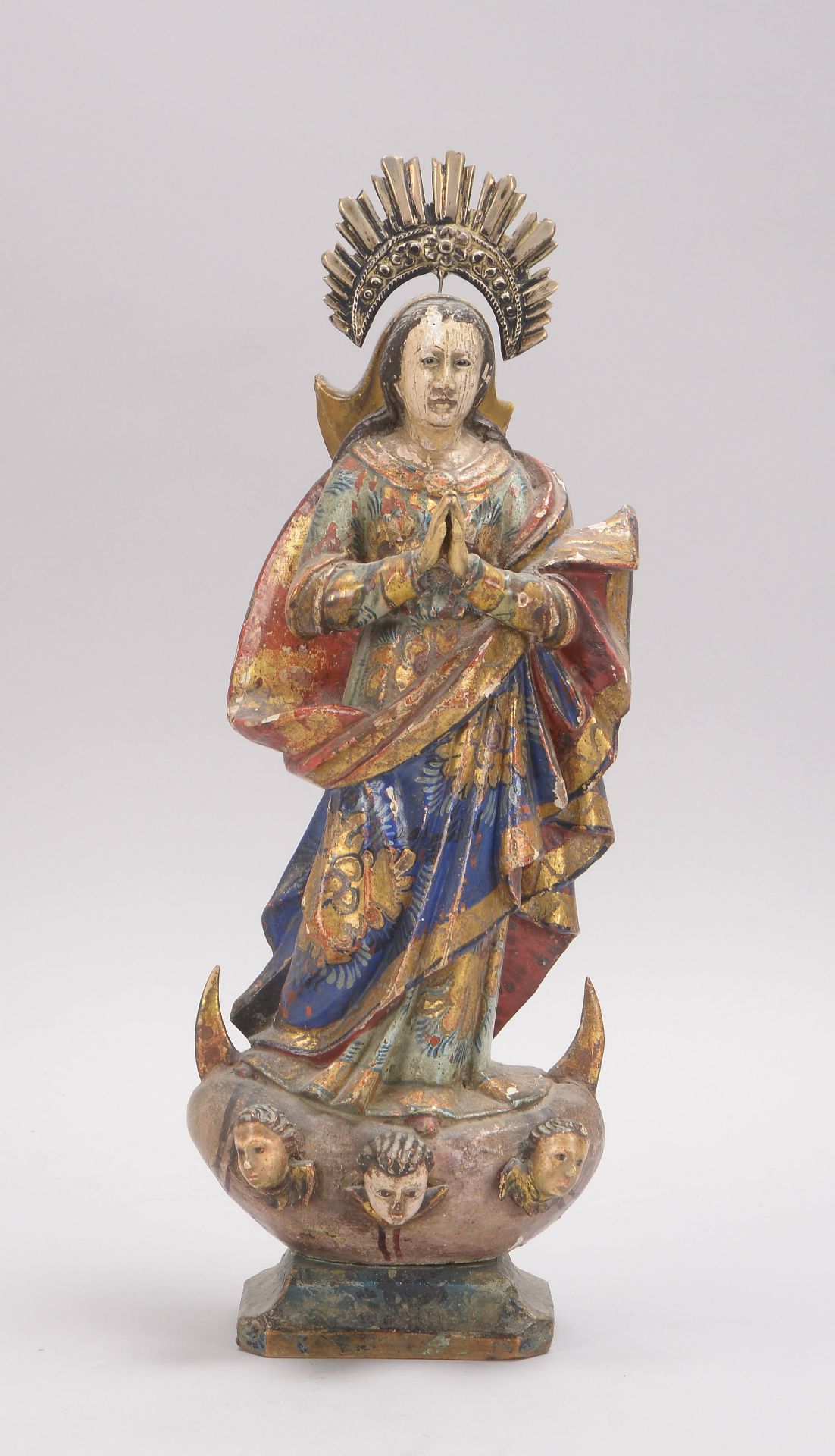 Heiligenfigur (wohl S&uuml;damerika), antik, &#039;Madonnendarstellung&#039;, mehrfarbig gefasst/gol