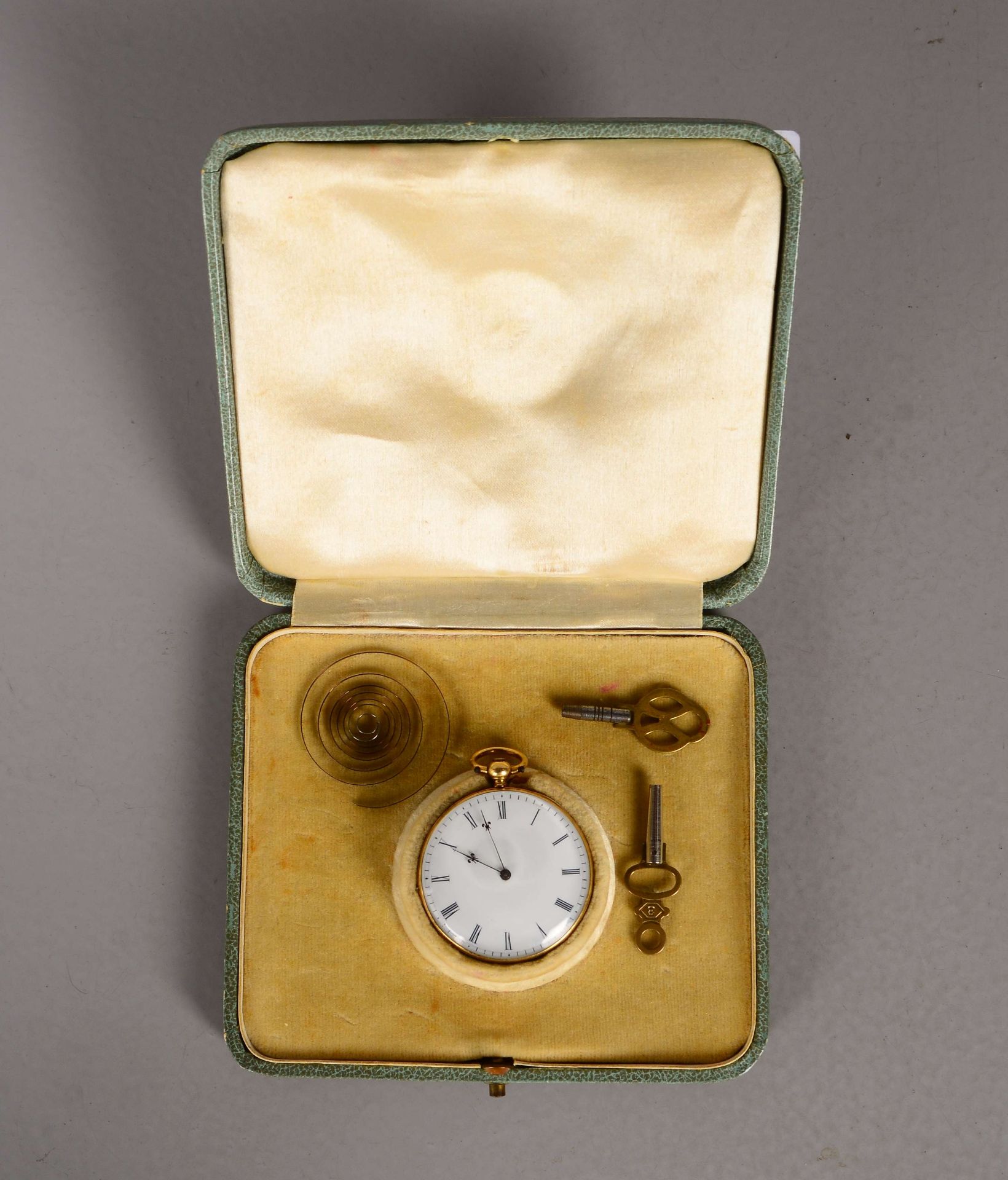 Taschenuhr (bezeichnet 'Robert/Genève'), 18 kt Gold-Gehäuse, 8-steiniges Zylinderwerk, röm. Ziffern - Bild 4 aus 4