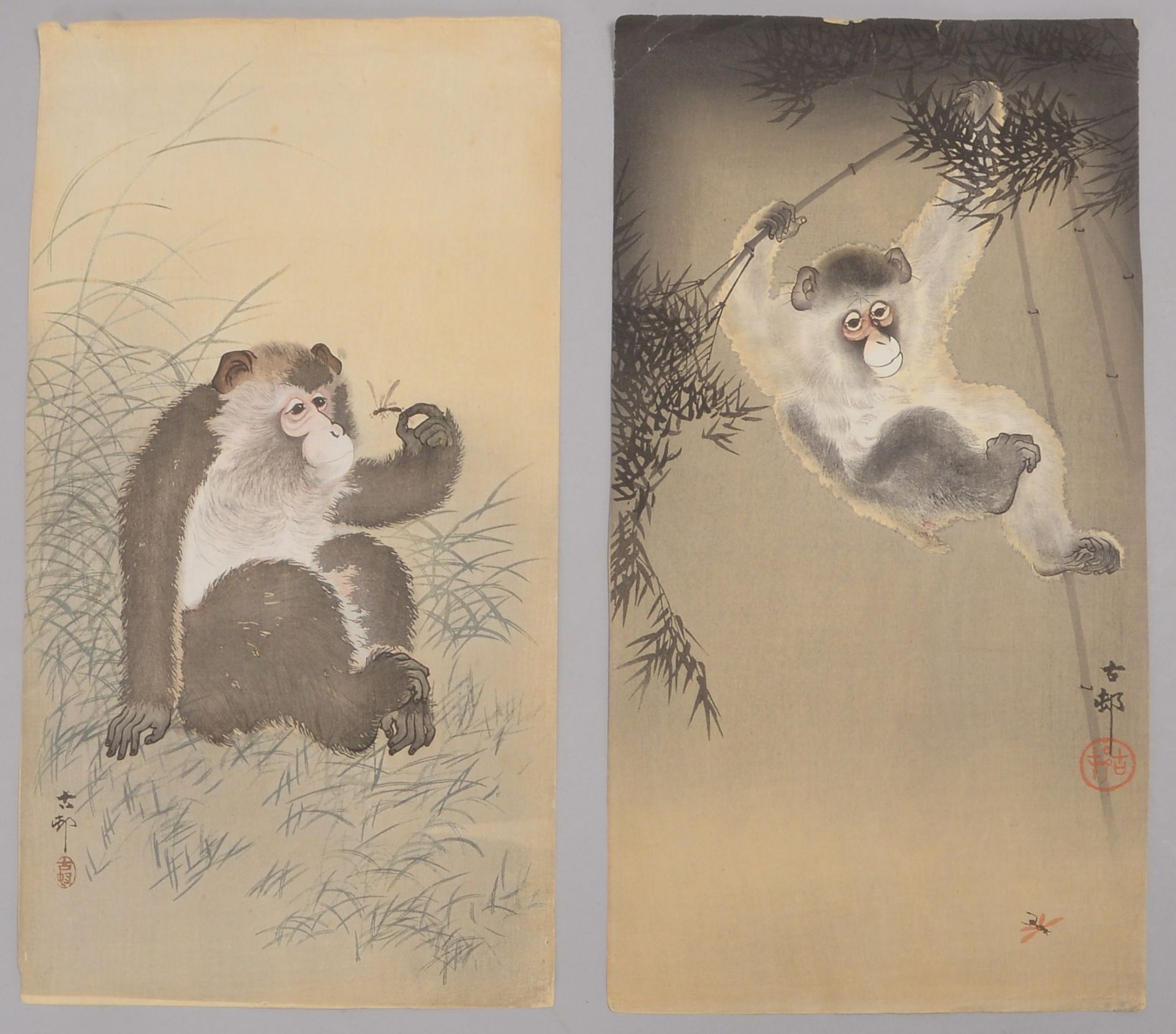 Koson, Ohara (Japan), 2 Farbholzschnitte, &#039;Affen in Landschaft&#039;, signiert und mit Siegel,