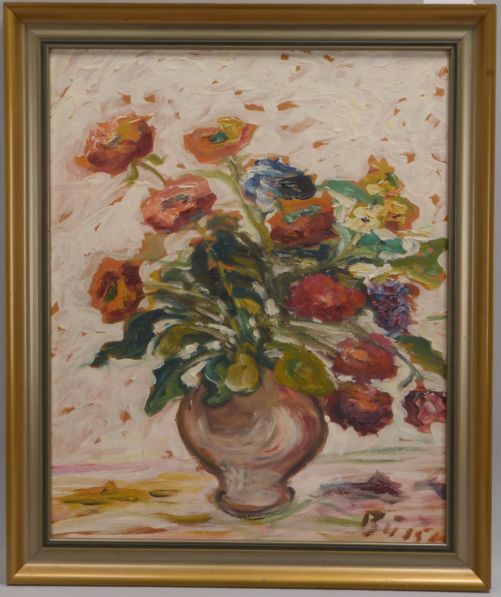 Gemälde, 'Blumen in Vase', Öl auf Malkarton/gerahmt, unten rechts signiert 'Buss'(?)