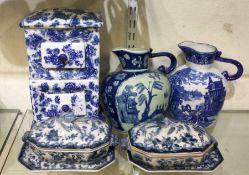 A collection of blue and white pottery etc.