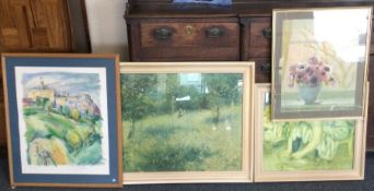 Four large framed and glazed pictures.