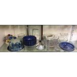 An old blue and white cheese dish, glasses etc.
