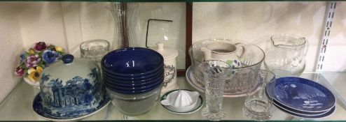 An old blue and white cheese dish, glasses etc.