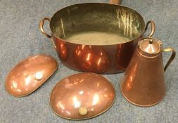 A large copper and brass preserve pan etc.