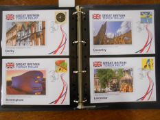 STAMPS Great Britain Torch Relay Commemorative Cover Collection 2012, ltd. 9950 in album, 71 covers