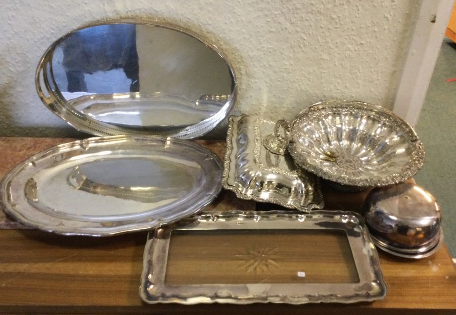 Silver plated gallery trays, entree dish, basket e