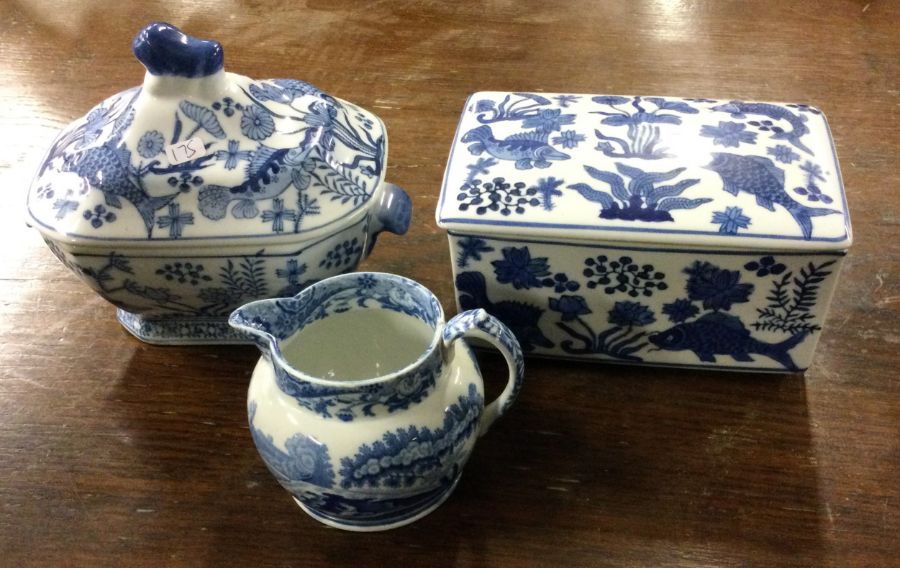 Two blue and white tea cannisters etc. Est. £10 -
