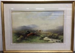 CHARLES BRITTON (British 1870 - 1949): Cattle in moorland landscape. Approx. 48 cms x 30 cms.