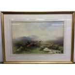 CHARLES BRITTON (British 1870 - 1949): Cattle in moorland landscape. Approx. 48 cms x 30 cms.