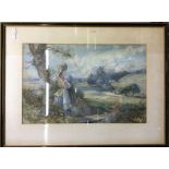 A Victorian framed and glazed watercolour of a lady beneath a tree. Approx. 44 cms x 28 cms. Est. £