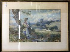 A Victorian framed and glazed watercolour of a lady beneath a tree. Approx. 44 cms x 28 cms. Est. £